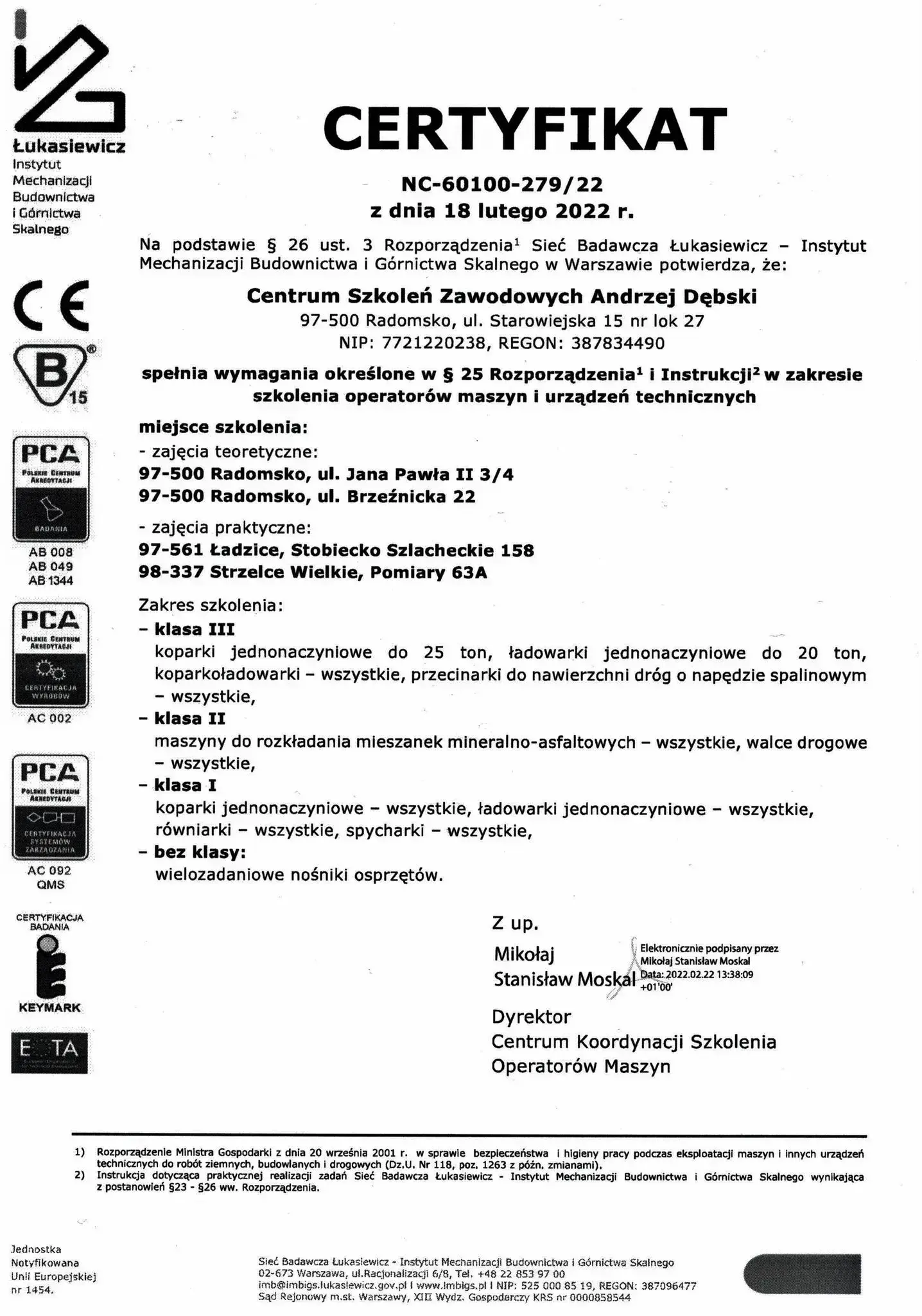 certyfikat centrum szkoleń zawodowych radomsko